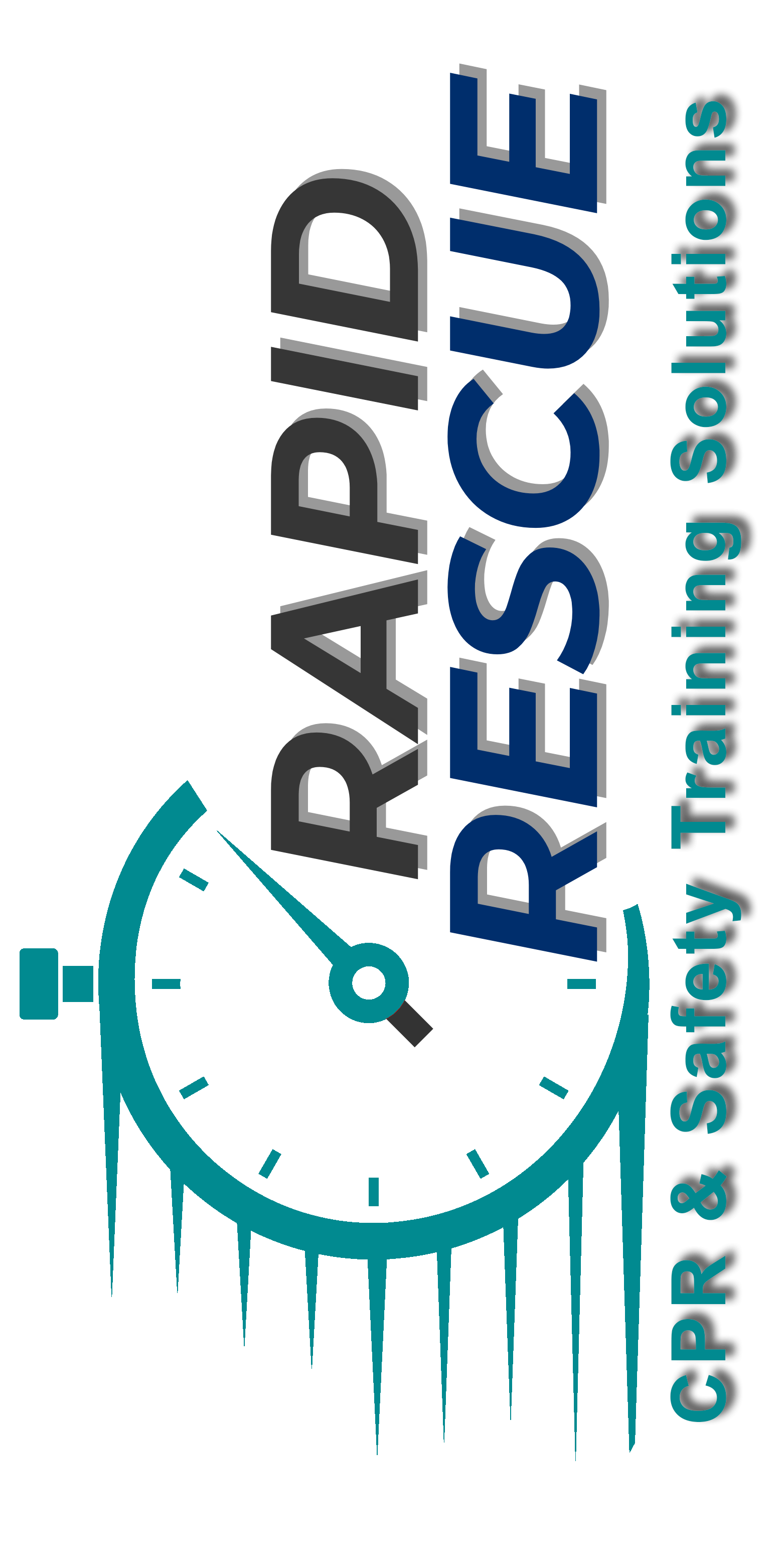 Logo for Rapid Rescue CPR & Safety Training Solutions featuring a teal stopwatch icon with trailing vertical lines.