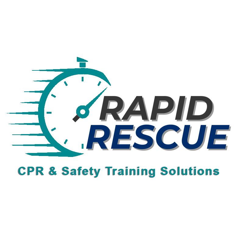 Logo for Rapid Rescue CPR & Safety Training Solutions featuring a teal stopwatch icon with motion lines.