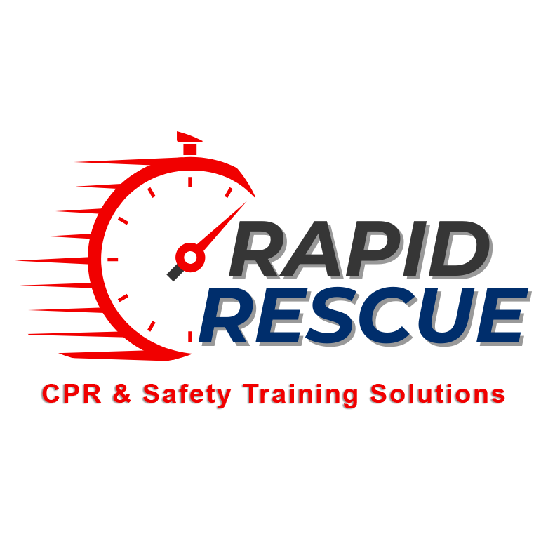 A logo for rapid rescue cpr with a clock on it.