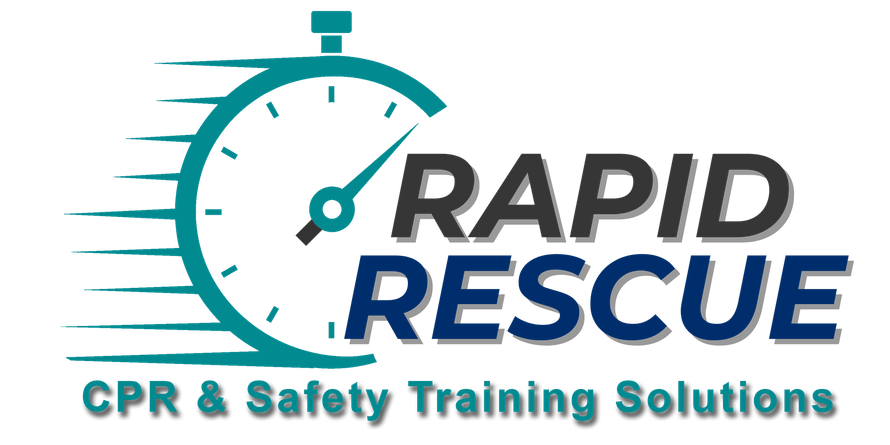 Logo for Rapid Rescue CPR & Safety Training Solutions featuring a teal stopwatch with motion lines and bold blue text.