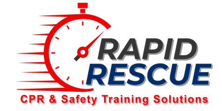 A logo for rapid rescue cpr with a clock on it.
