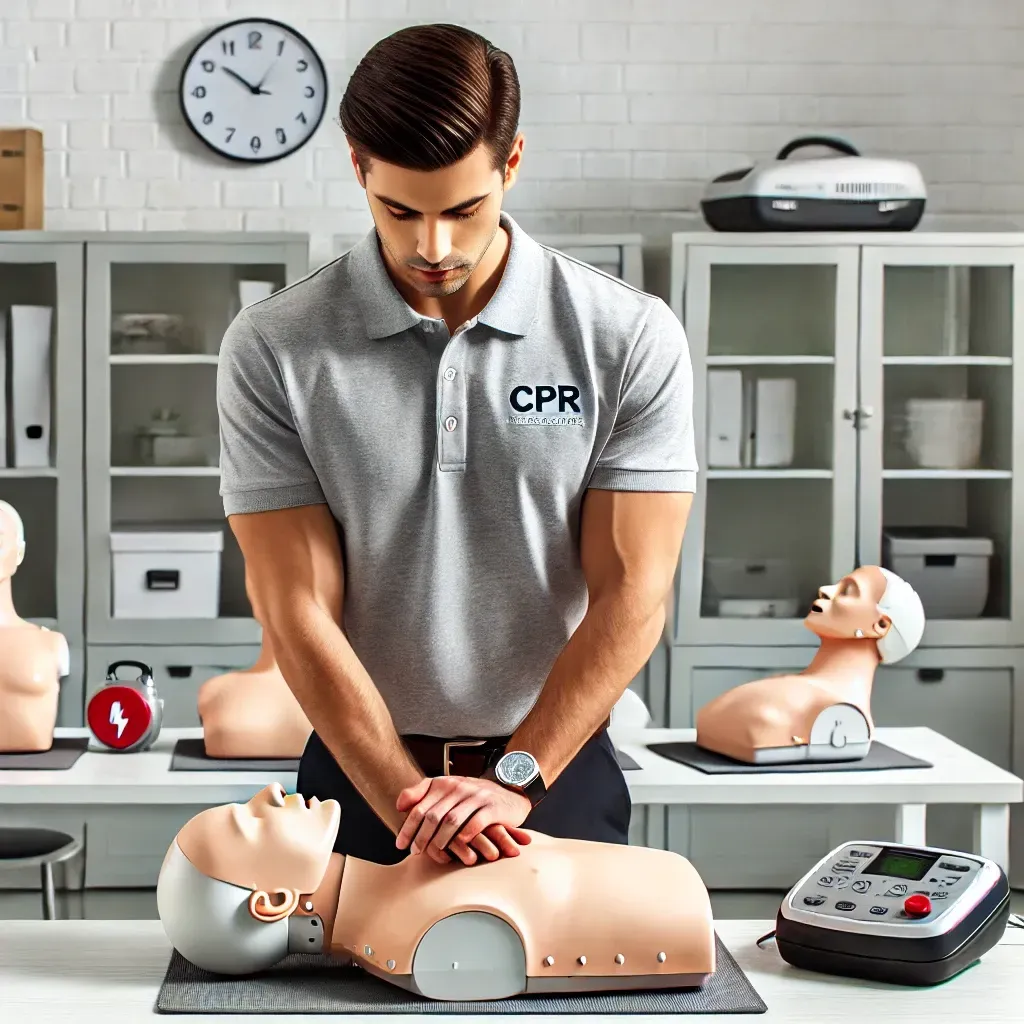 A man wearing a cpr shirt is putting his hands on a mannequin.