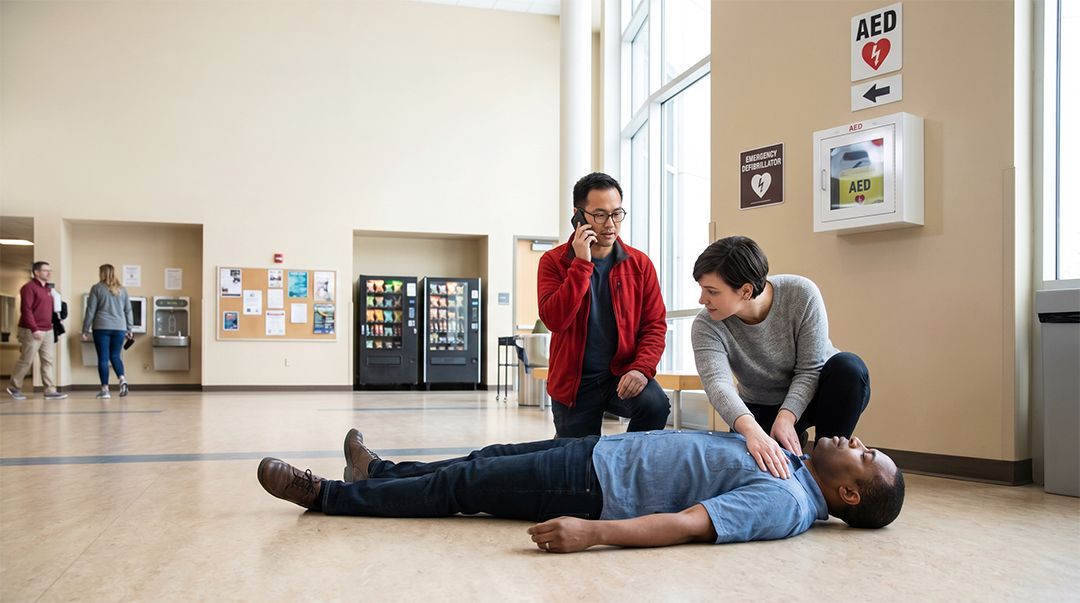 A person in a reflective vest kneels next to an unconscious individual, calling for help near an automated heart device.