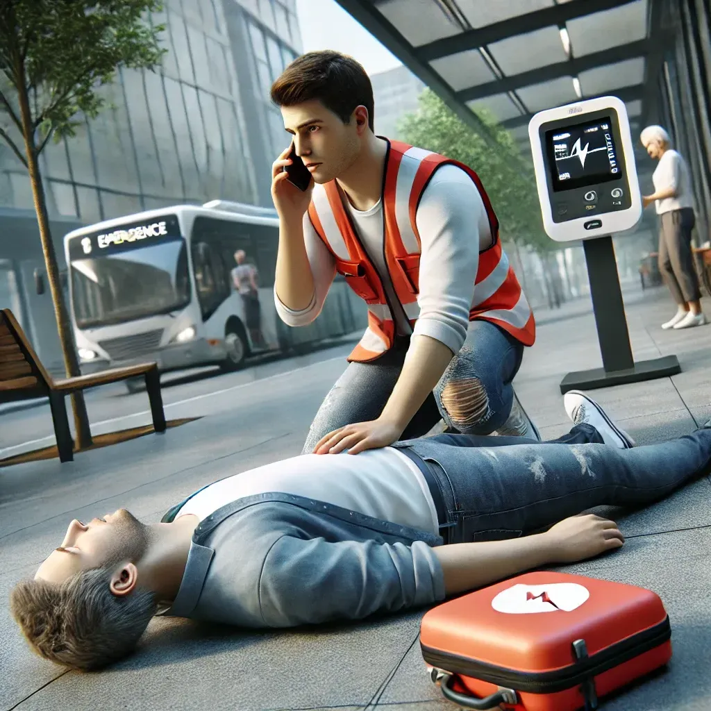 A man is kneeling down next to a man laying on the ground talking on a cell phone.