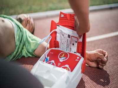 A man is laying on the ground with an aed attached to his chest.