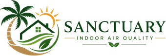 Sanctuary Indoor Air Quality logo with palm tree, house, sun, and green leaf design