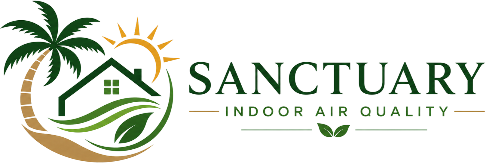 Sanctuary Indoor Air Quality logo with palm trees, sun, and a house in green and gold