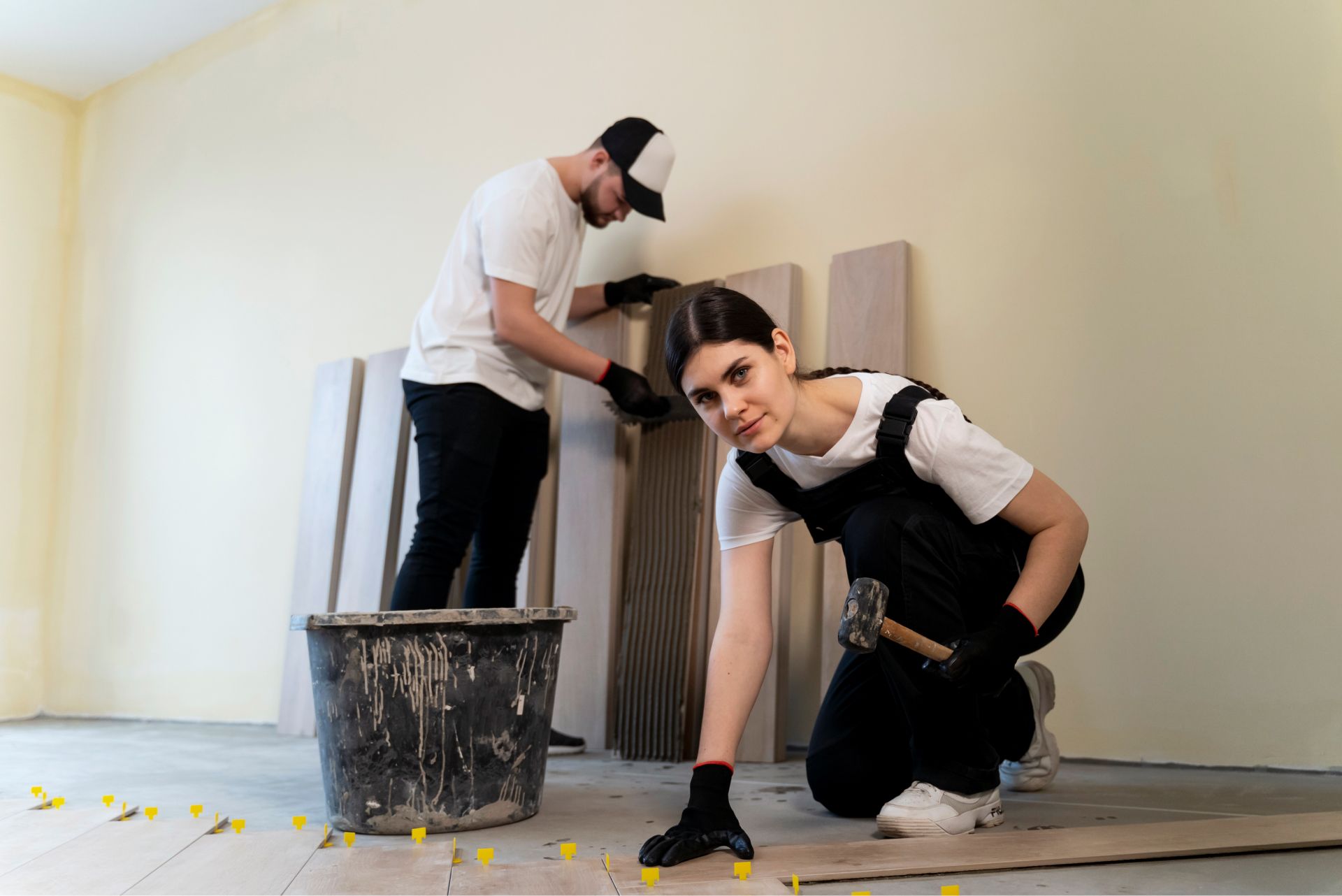 A man and a woman are working on a wooden floor.