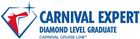 Carnival Expert Diamond Level Graduate logo. Features a diamond shape with a red and blue design, text in blue.