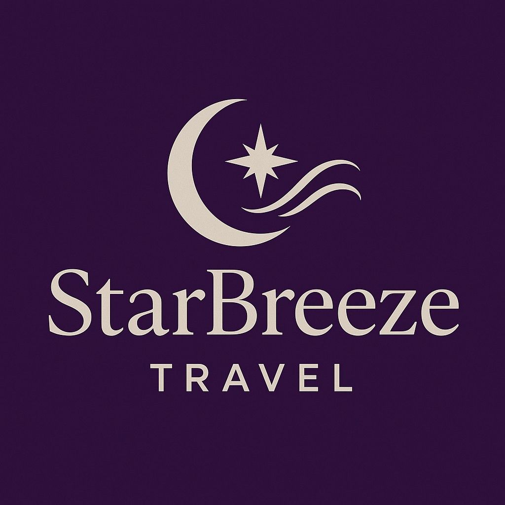 Logo for StarBreeze Travel: crescent moon, star, and waves over text on a purple background.