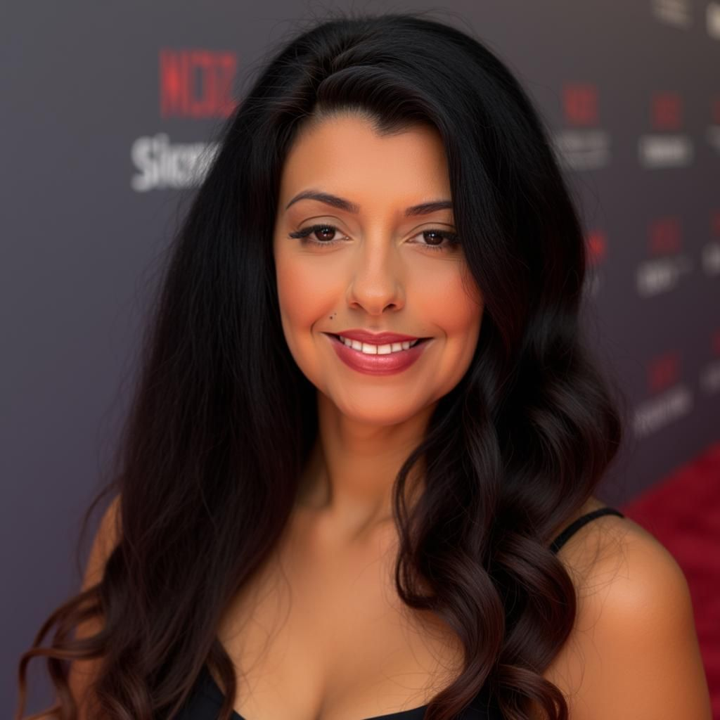 A smiling person with long, dark wavy hair stands before a dark backdrop with blurred text and a red carpet.