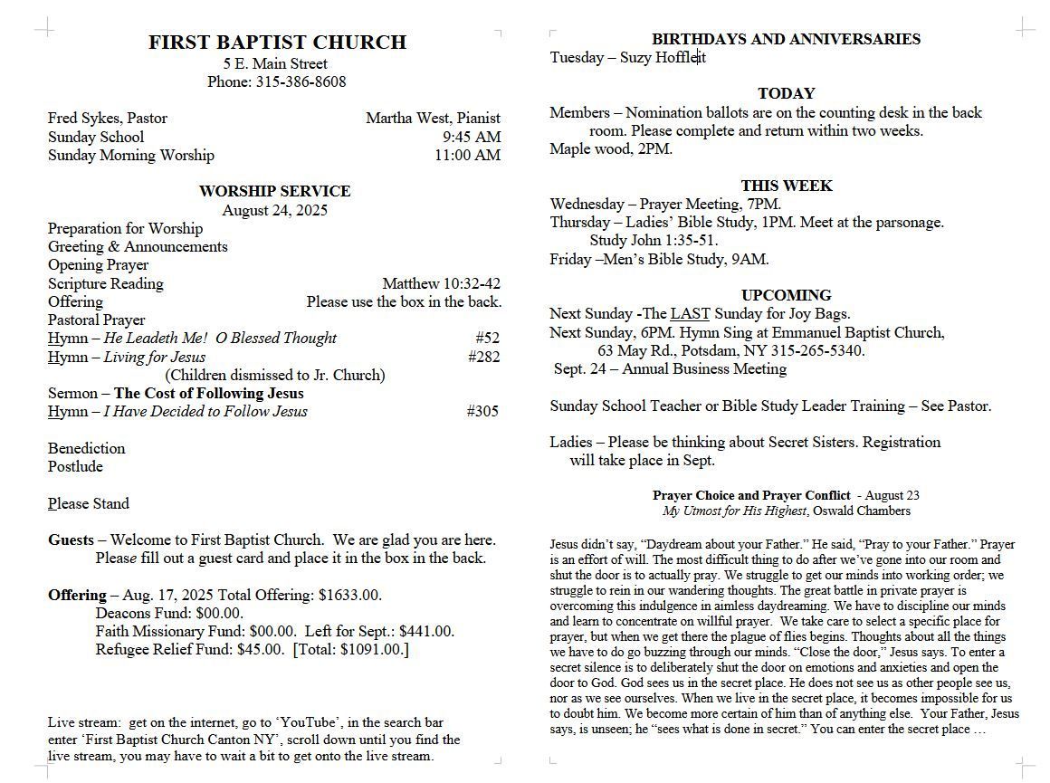 A page from a first baptist church bulletin