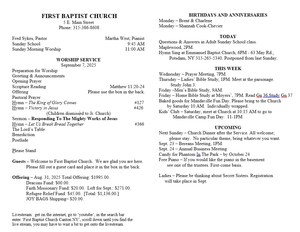 A page from a first baptist church bulletin