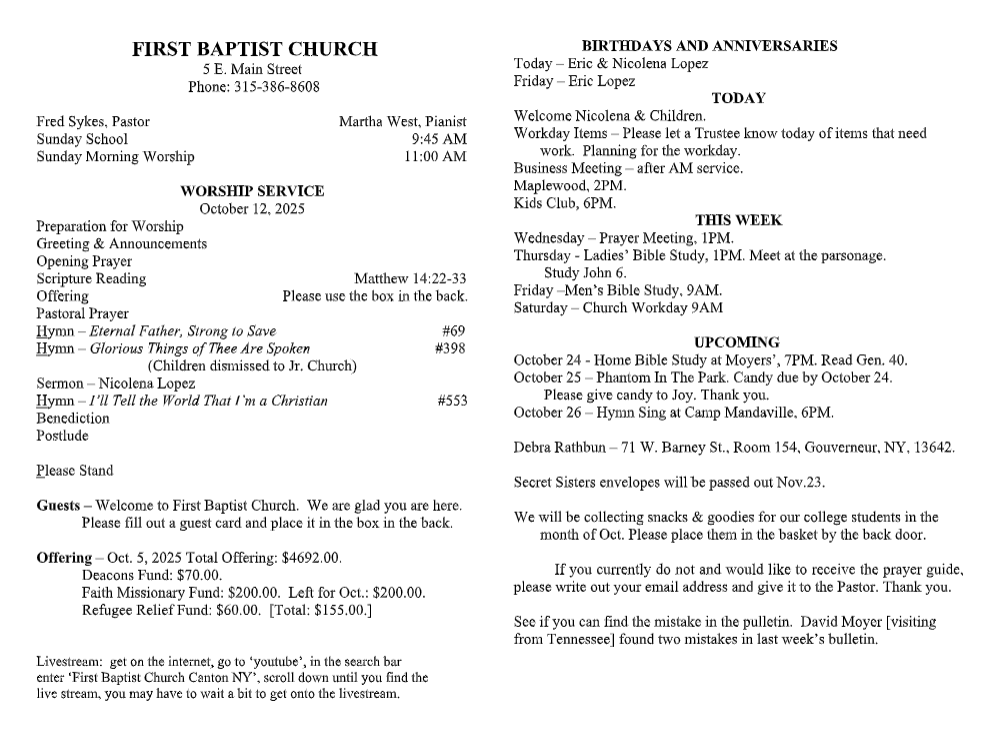 A page from a first baptist church bulletin