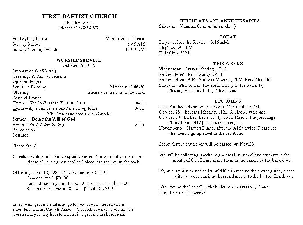 A page from a first baptist church bulletin