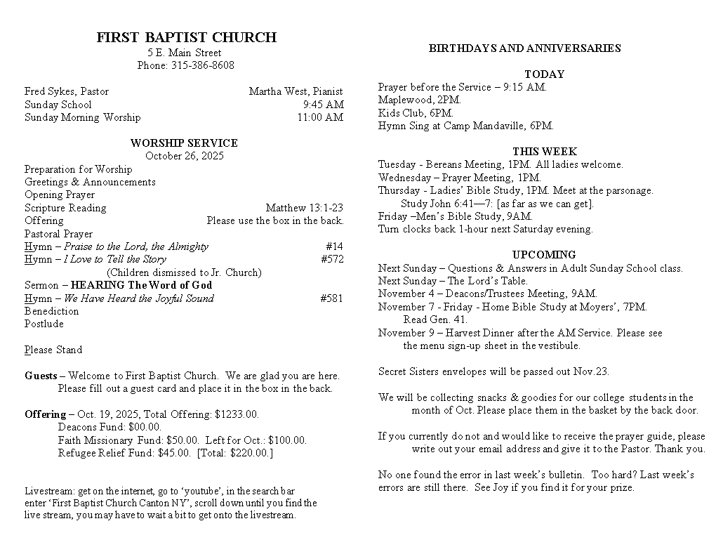 A page from a first baptist church bulletin