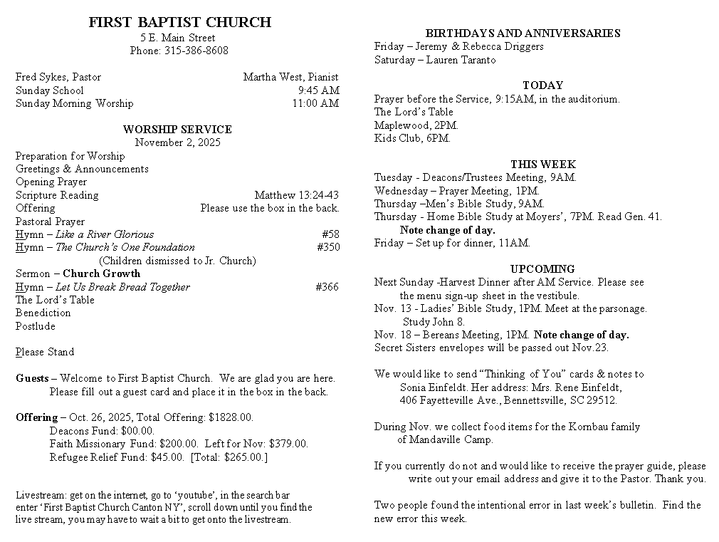 A page from a first baptist church bulletin