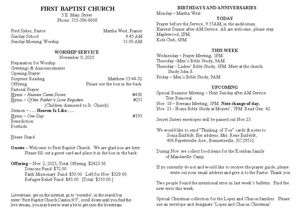 A page from a first baptist church bulletin