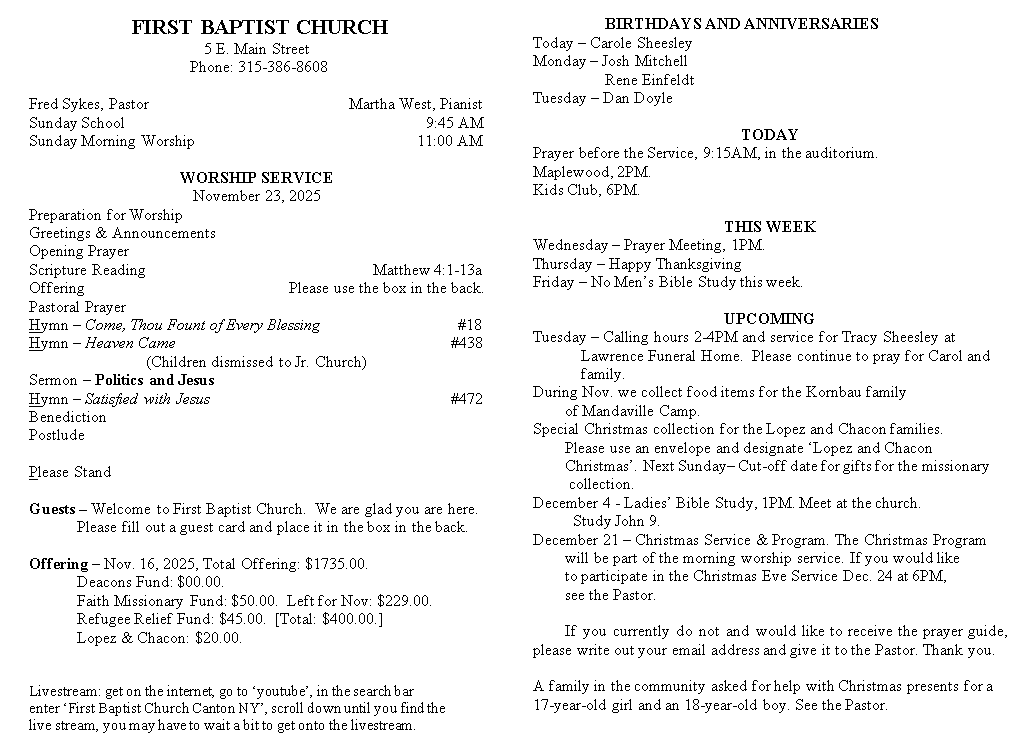 A page from a first baptist church bulletin