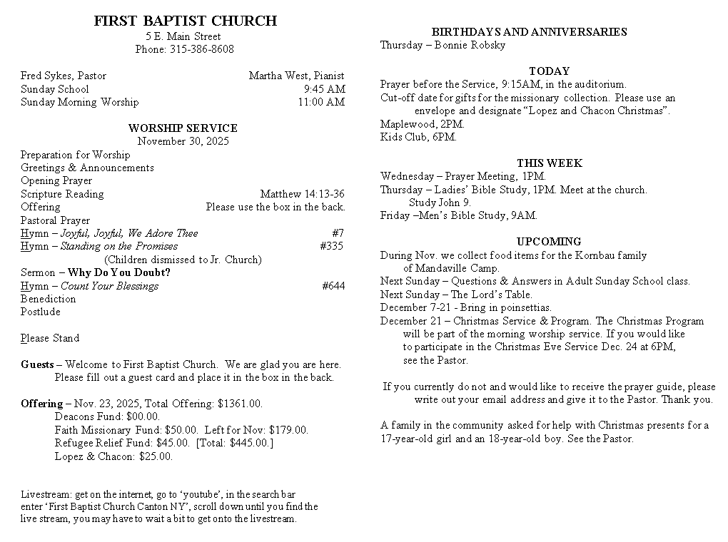 A page from a first baptist church bulletin