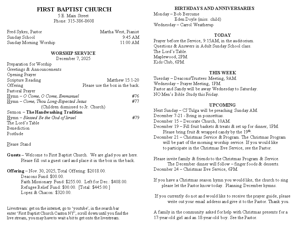 A page from a first baptist church bulletin