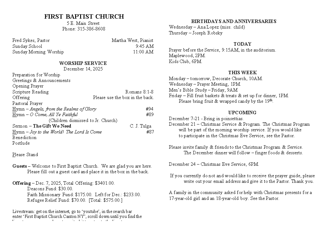 A page from a first baptist church bulletin