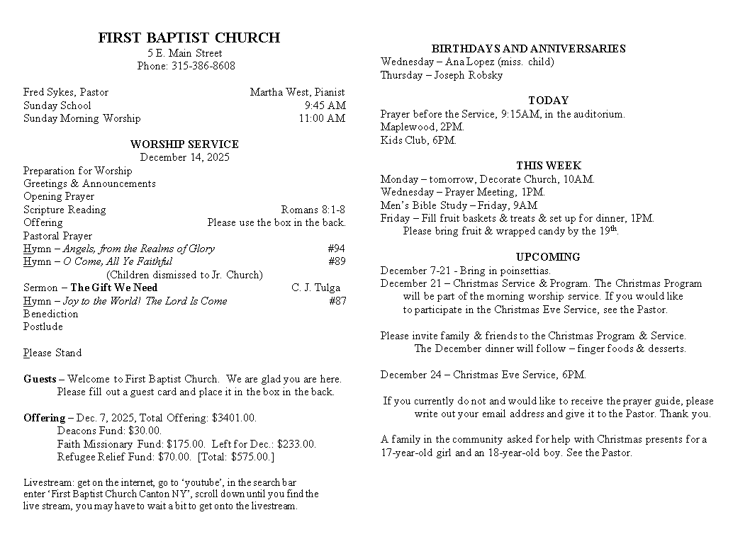 A page from a first baptist church bulletin