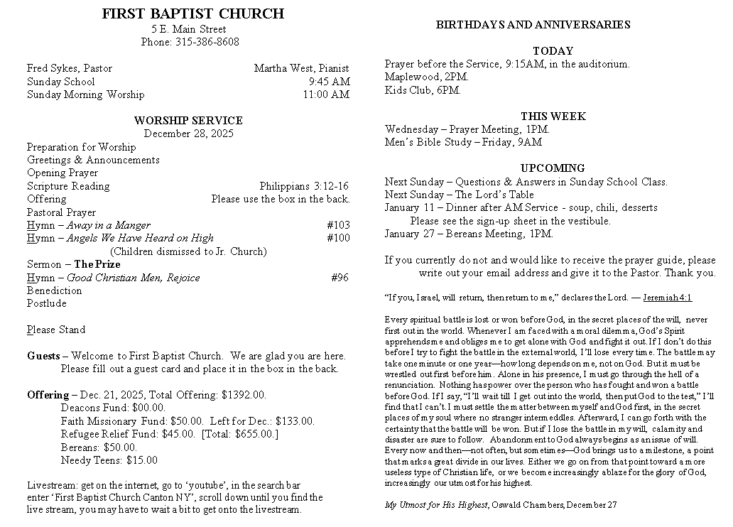A page from a first baptist church bulletin