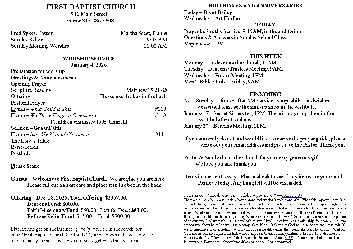 A page from a first baptist church bulletin