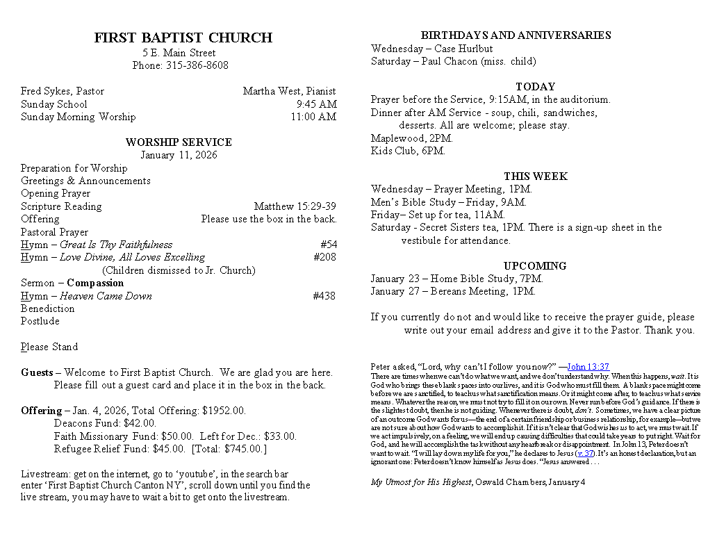 A page from a first baptist church bulletin