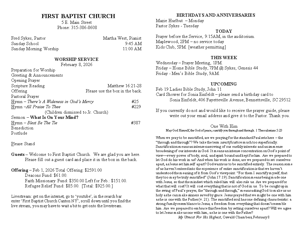 A page from a first baptist church bulletin