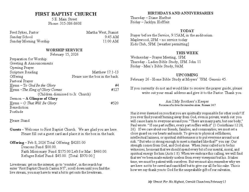 A page from a first baptist church bulletin