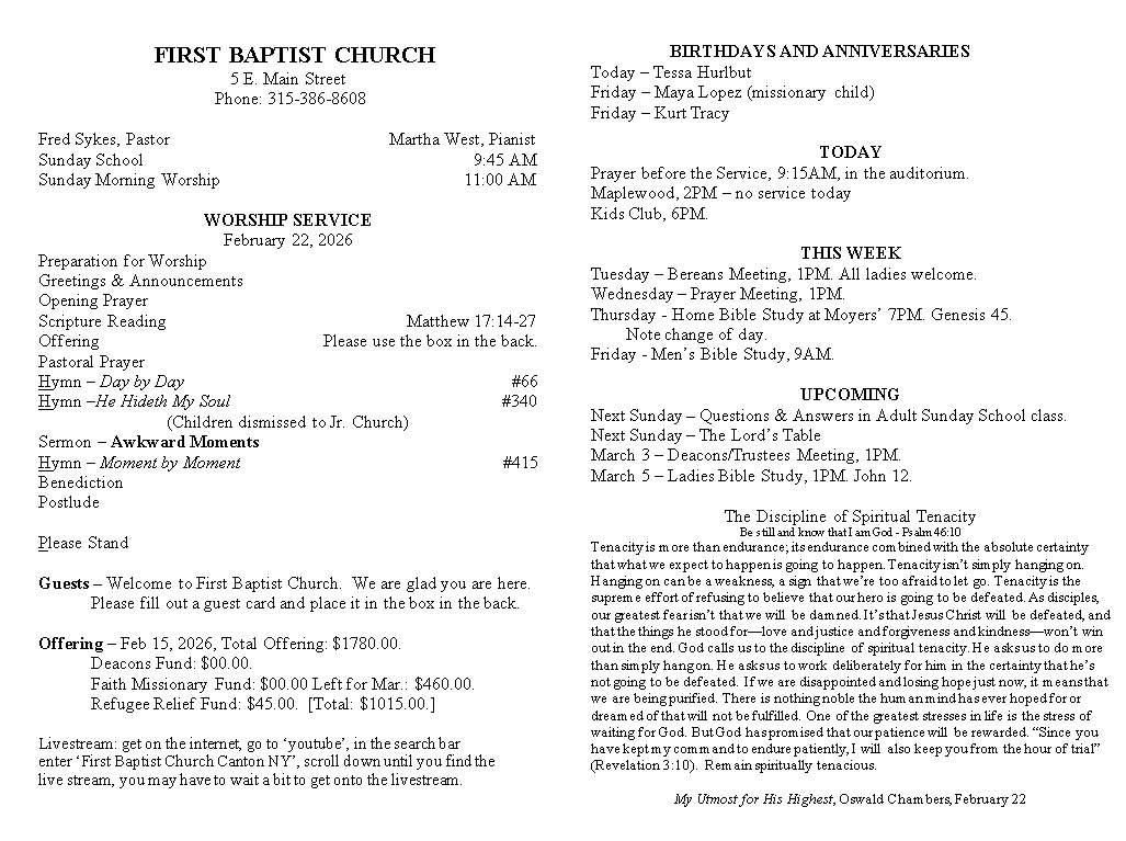 A page from a first baptist church bulletin