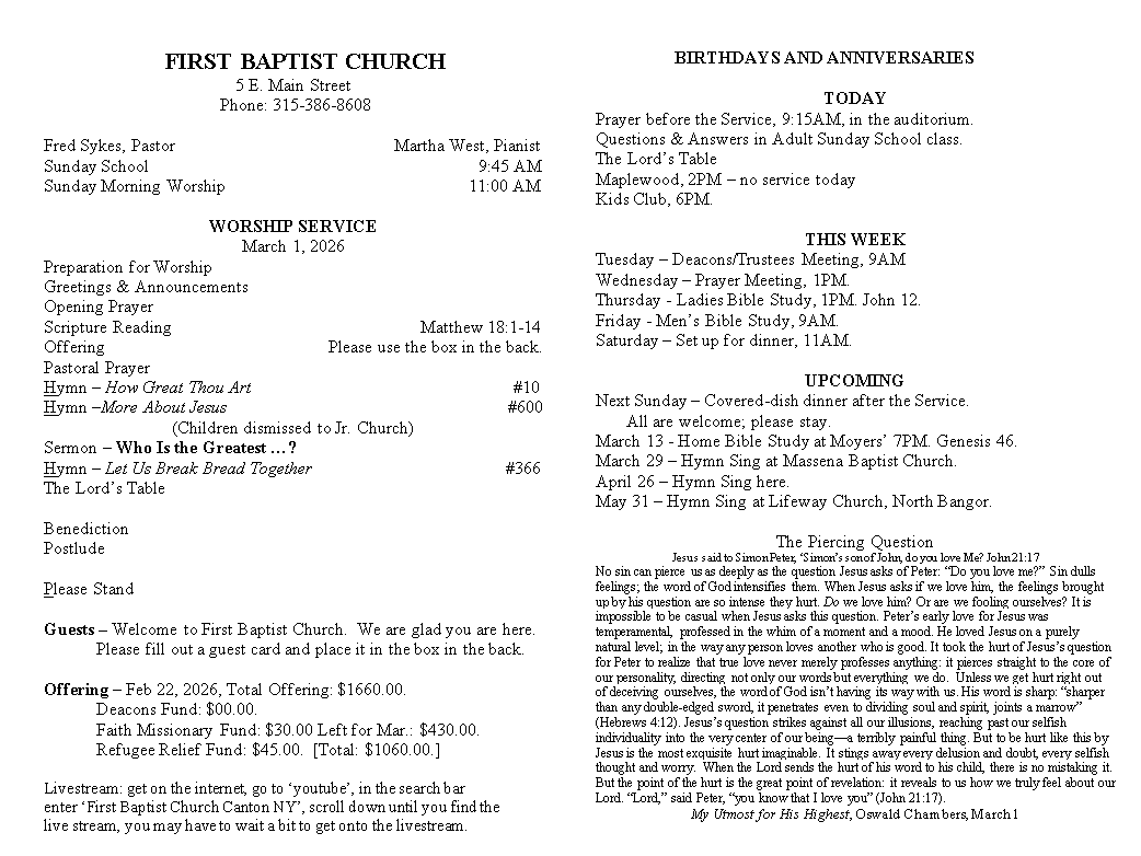 A page from a first baptist church bulletin