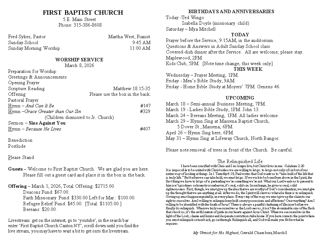 A page from a first baptist church bulletin