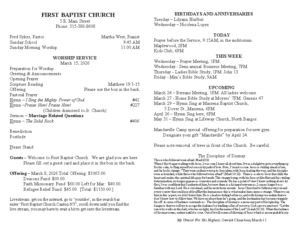 A page from a first baptist church bulletin