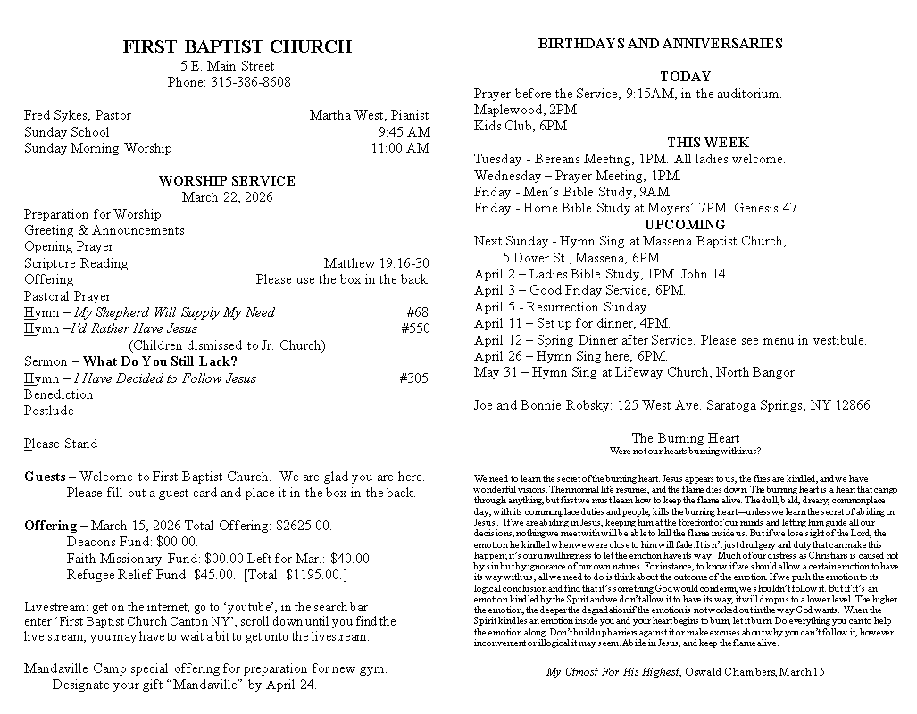 A page from a first baptist church bulletin
