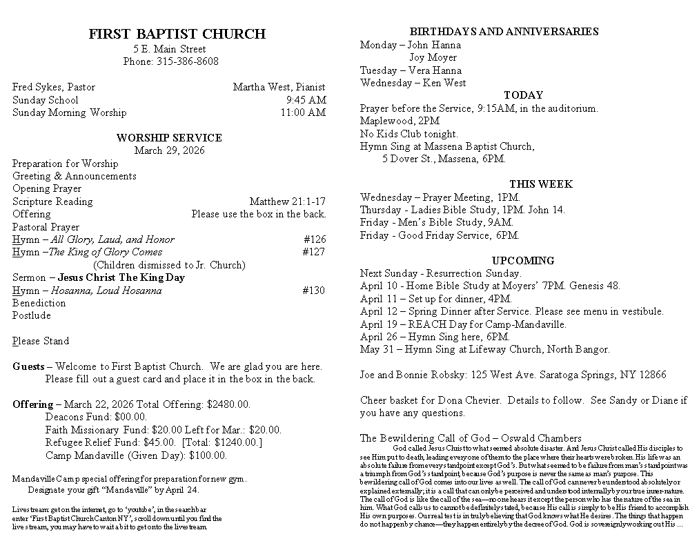 A page from a first baptist church bulletin