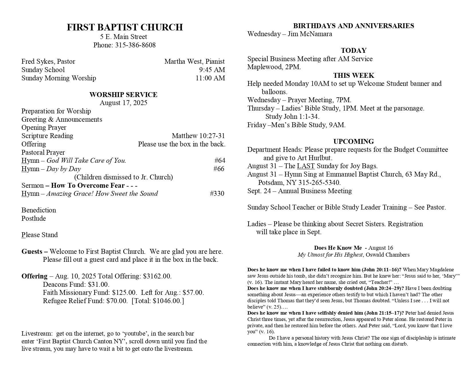 A page from a first baptist church bulletin