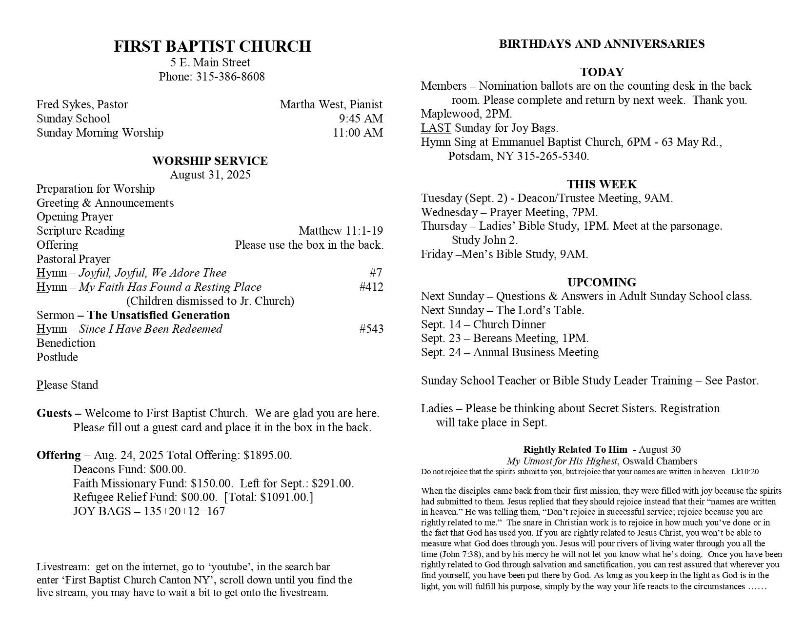 A page from a first baptist church bulletin