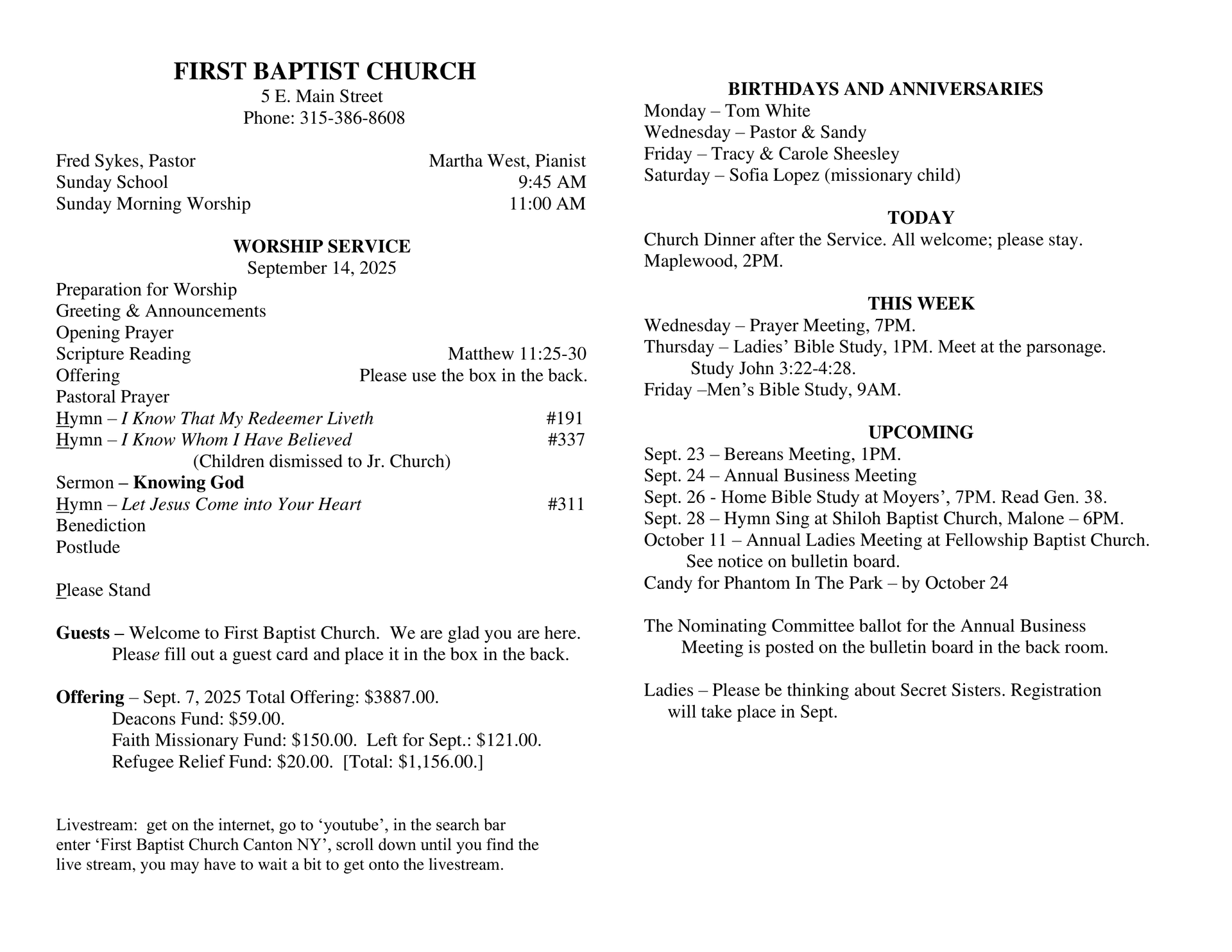 A page from a first baptist church bulletin
