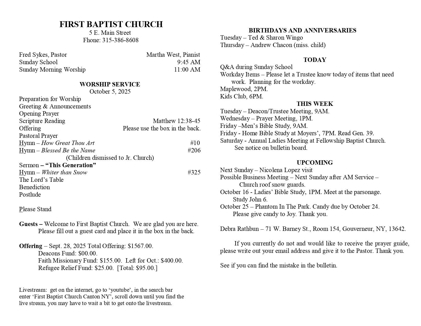 A page from a first baptist church bulletin
