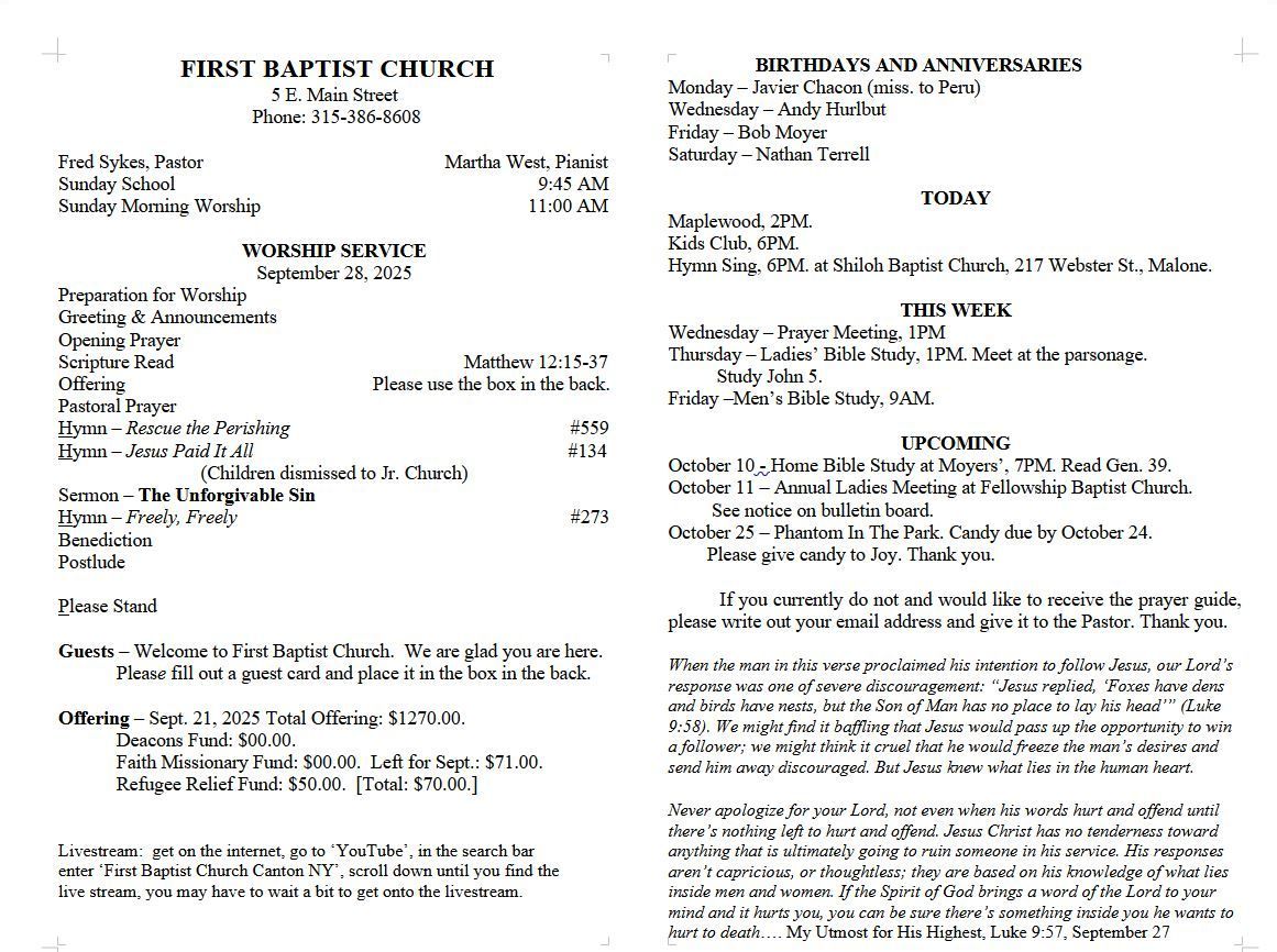 A page from a first baptist church bulletin