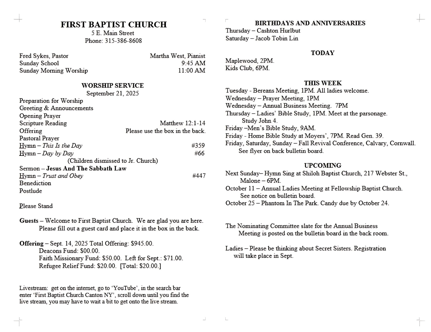 A page from a first baptist church bulletin
