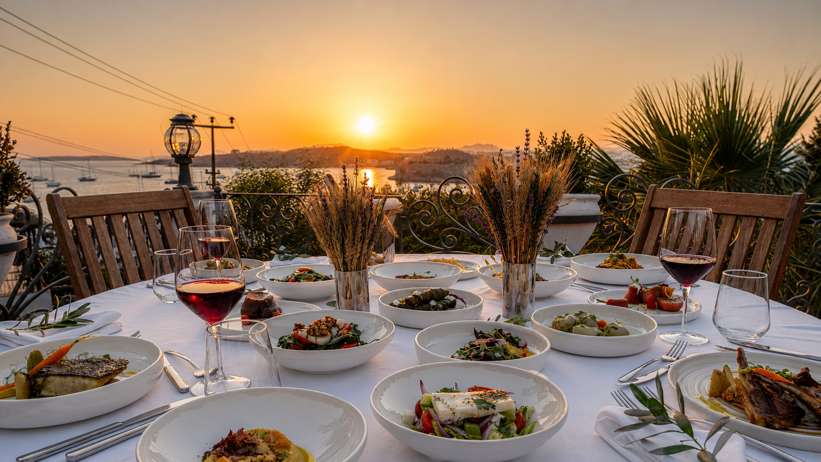 A table topped with plates of food and wine at sunset.