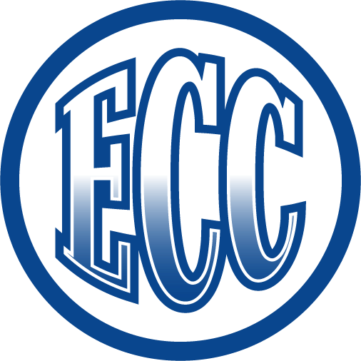 A blue and white logo for ecc in a circle