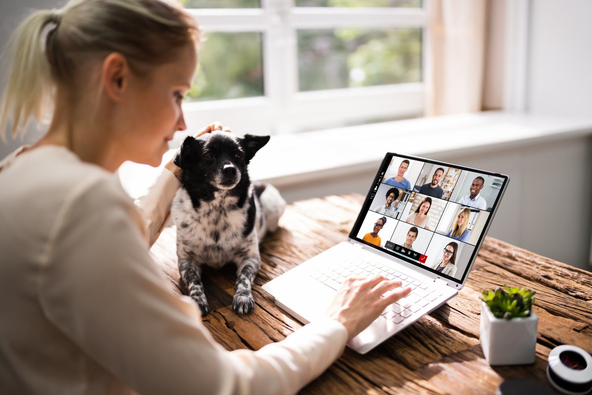A woman accompanied by her dog sitting in front of her laptop which displays a video conference