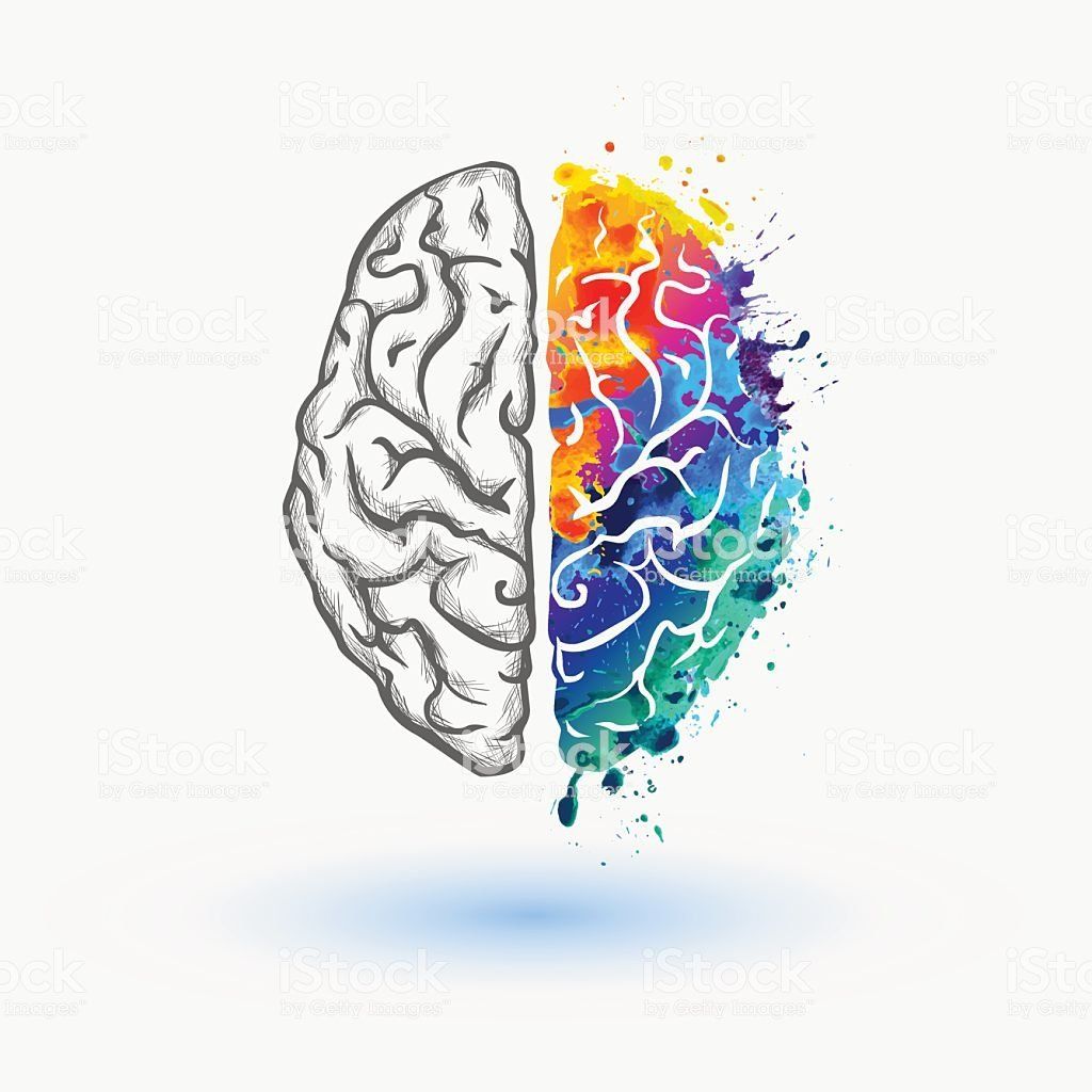 A drawing of two halves of a brain, with one half in black and white and the other painted in different colors