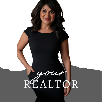 Woman in black dress, hand in pocket, smiling. Text overlay: 
