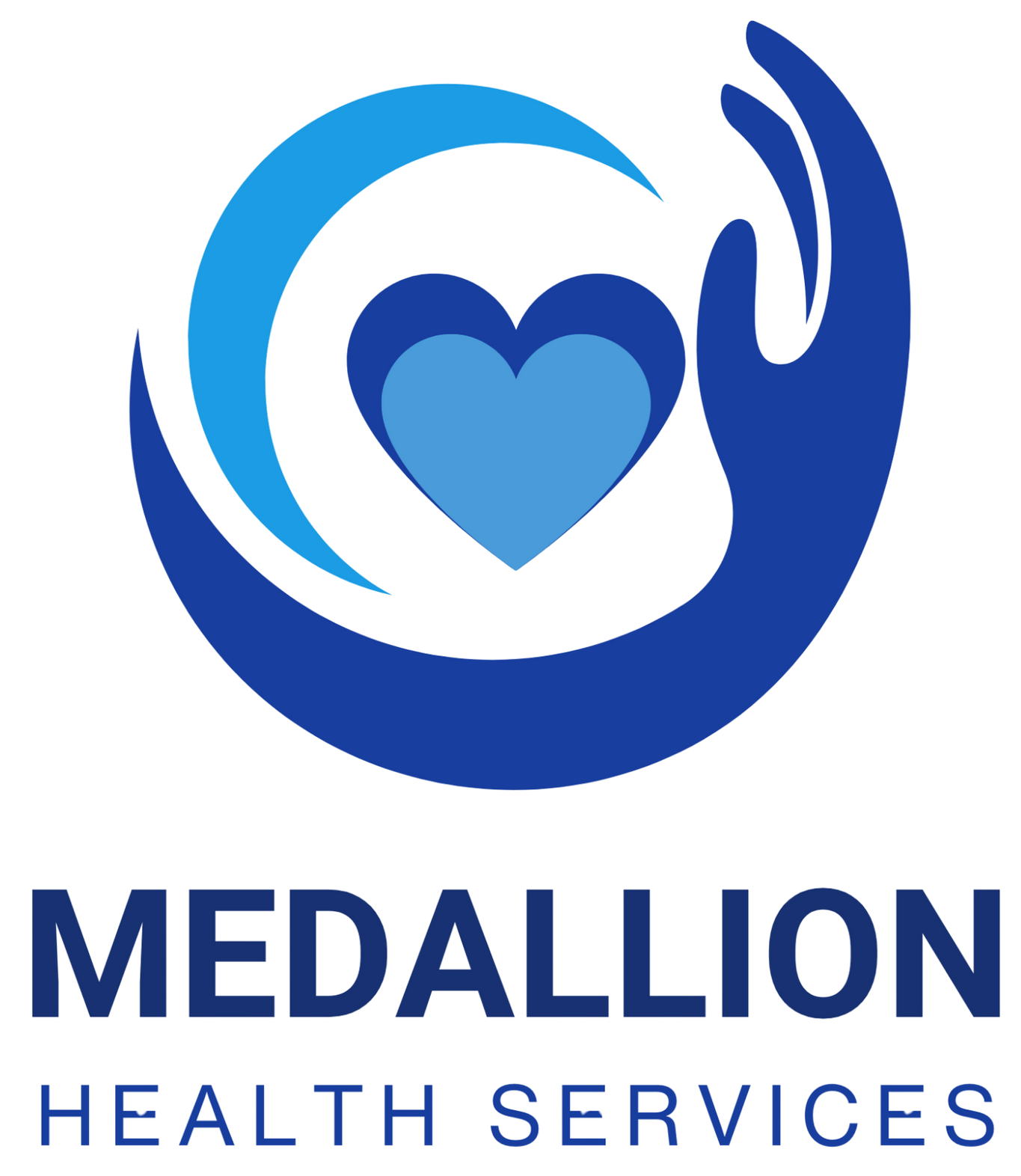 Logo for Medallion Health Services featuring a blue heart cradled by an abstract hand, text below in blue.